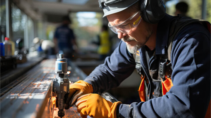 Engineer working wearing protective gear.